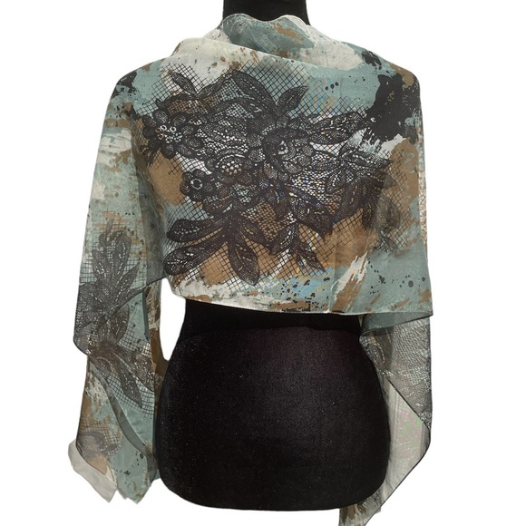 Woman’s abstract scarf, browns/black/gray/white, sheer, 13.5 X 59 - Picture 3 of 5